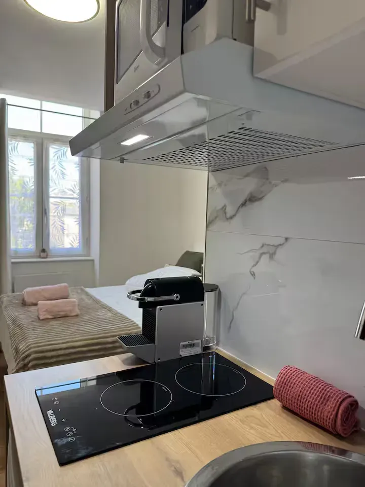 Coin cuisine équipé de La Suite Devosge à Dijon avec plaque à induction, hotte et machine à café