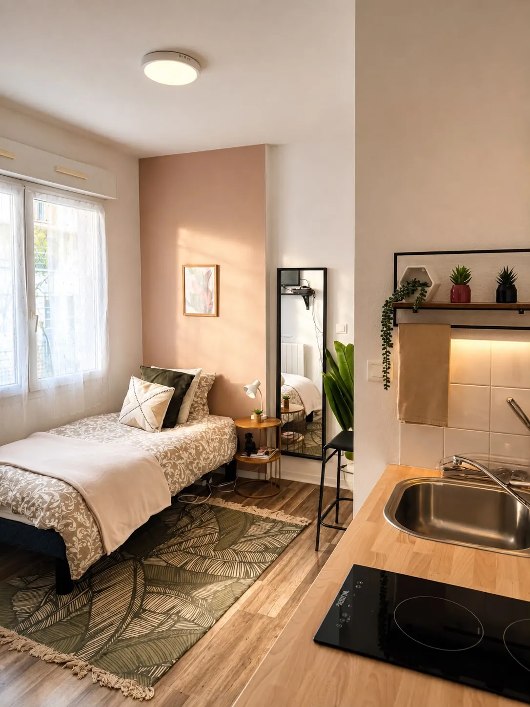 Studio meublé Saint-Honoré à Dijon : coin nuit lumineux et kitchenette équipée